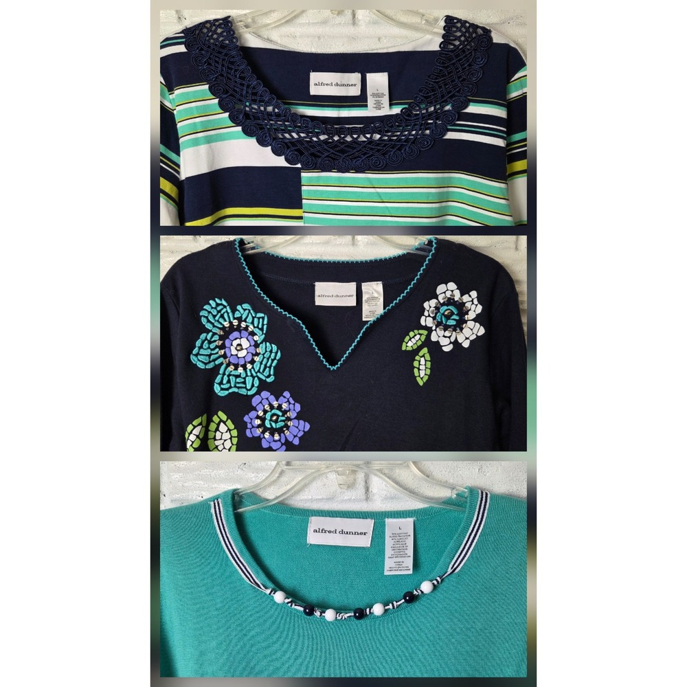 Alfred Dunner Women's size Large Lot of 3 tops 3/4 sleeve Embroidery Knit shirts